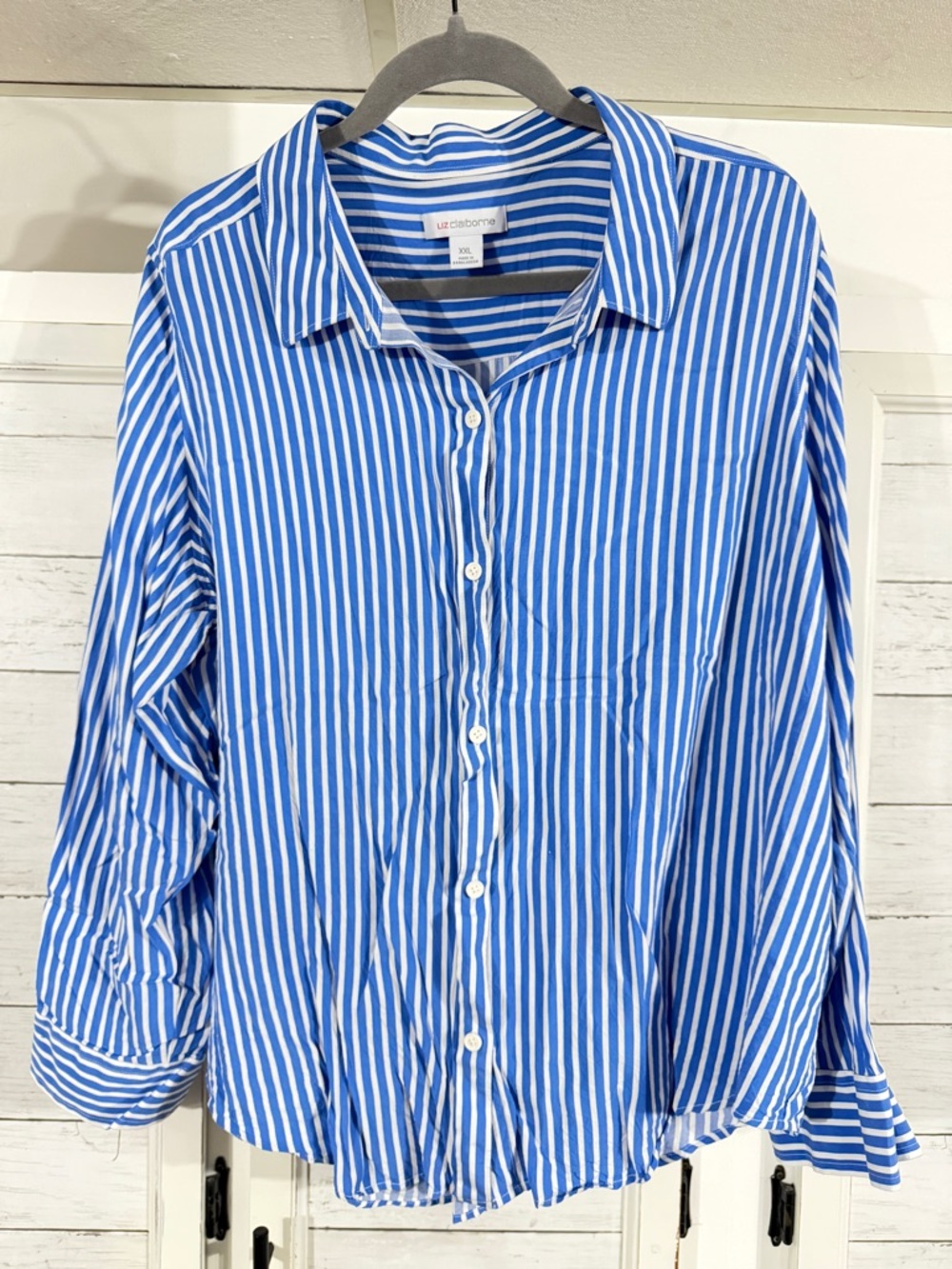 Liz Claiborne Blue White Striped Button Down Shirt XXL Lightweight Blouse